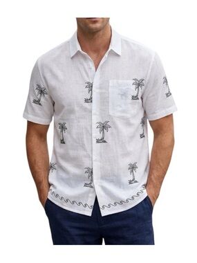 Happy Bay Hawaiian Shirt White Embroidered Palm Trees 100% Terivoile Sz XL